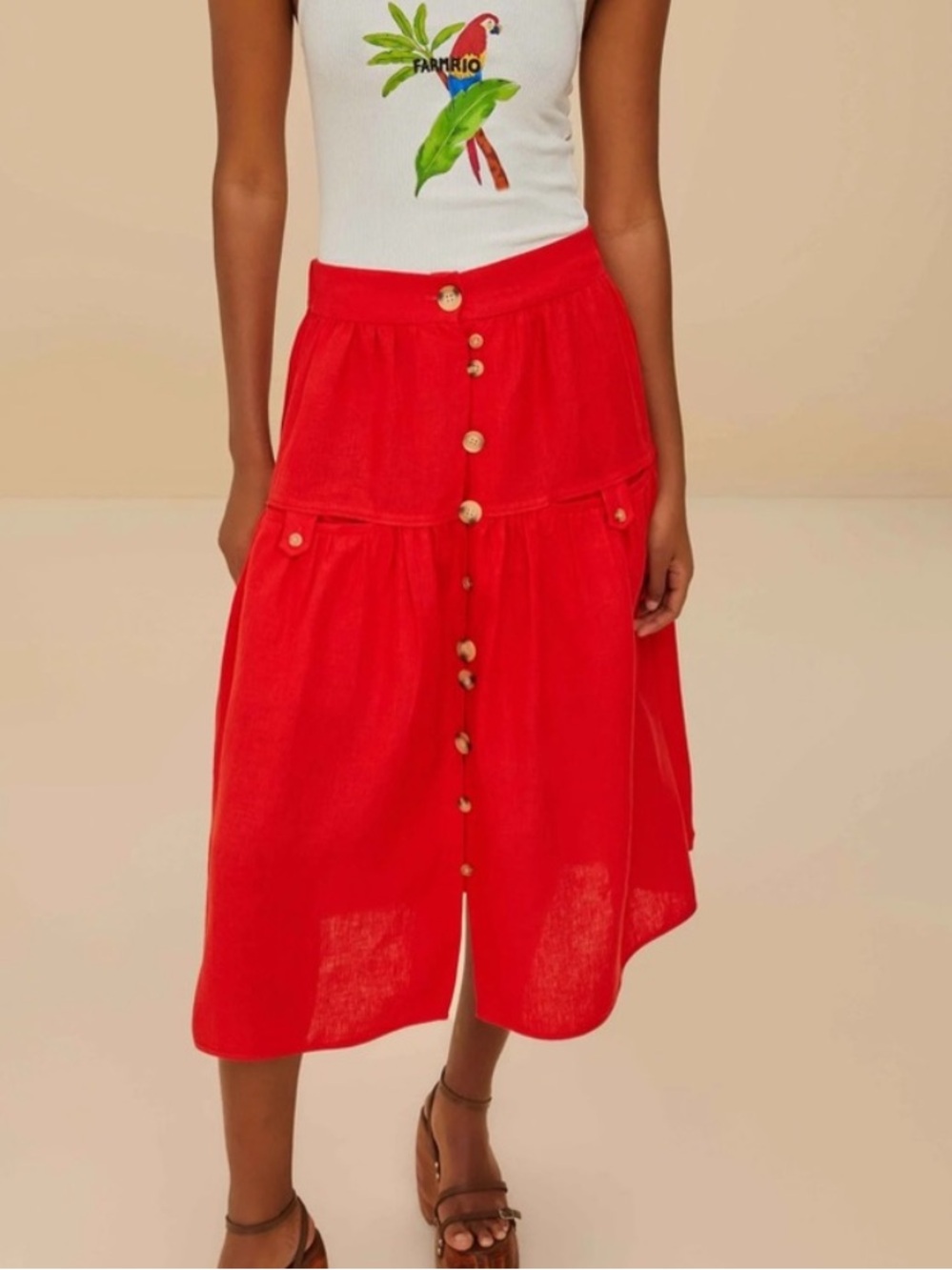 Farm Rio Red Button-Front Tiered Women's Skirt - Picture 4 of 4